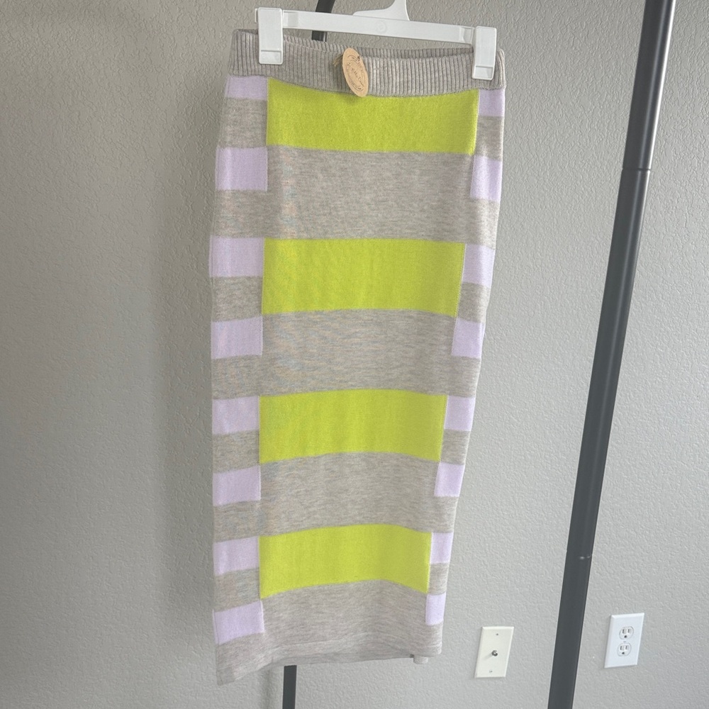 NWT En Creme Gray and Lime Striped Pencil Skirt